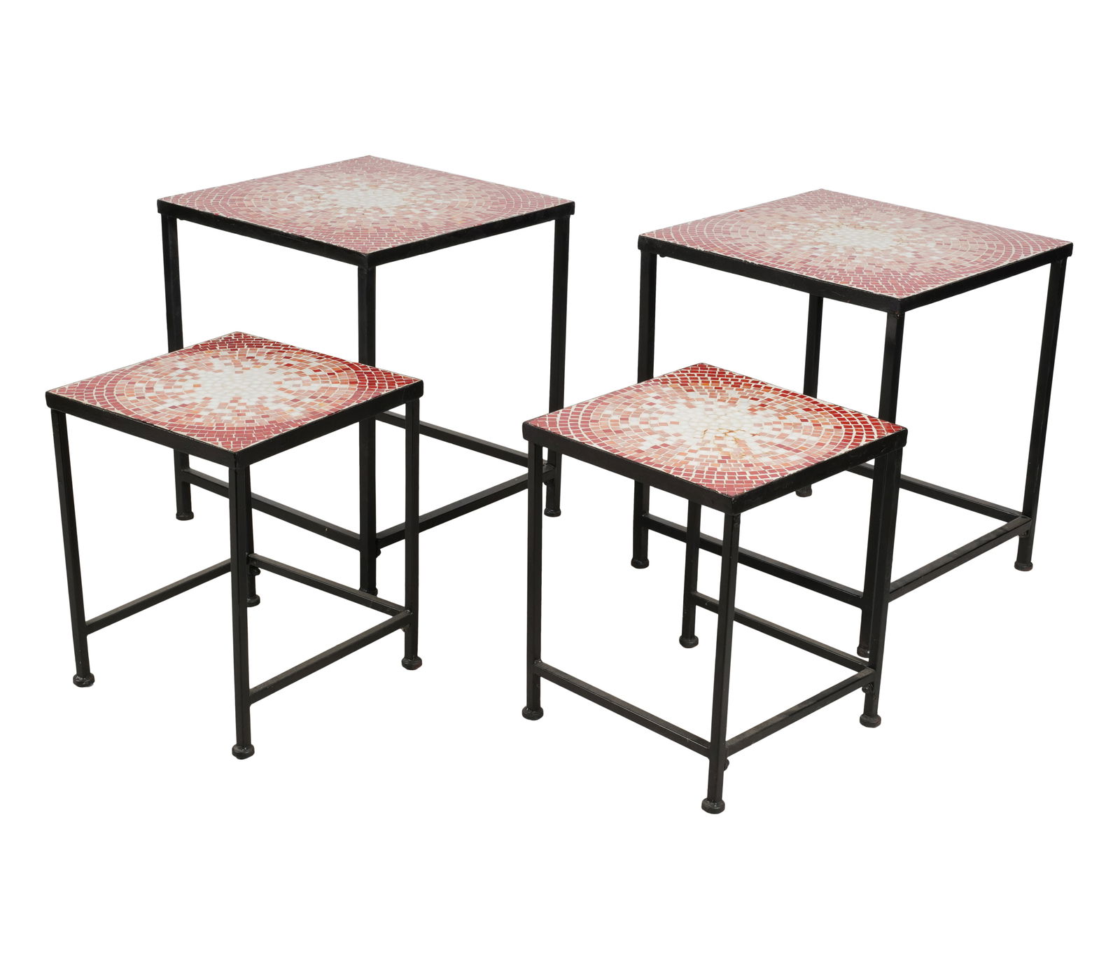 A Set of Four Mosaic and Iron Tables: unmarked Two: 23 1/2 x 20 x 20 in. (59.7 x 50.8 x 50.8 cm.), Two: 18 1/2 x 15 x 15 in. (47 x 38.1 x 38.1 cm.)