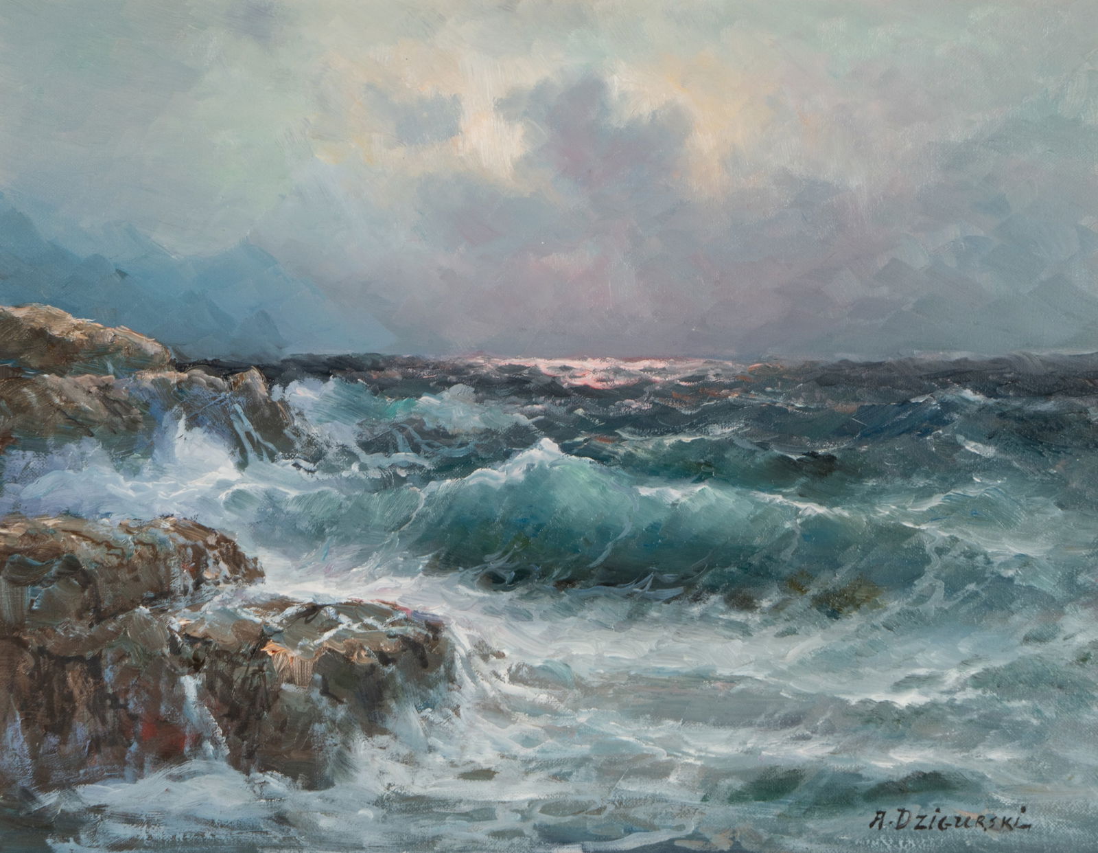 Alexander Dzigurski (1911-1995): Crashing Waves: Alexander Dzigurski American/Russian 1911-1995 Crashing Waves oil on canvas signed lower right 14 x 18 in. (35.6 x 45.7 cm.), Frame: 20 1/2 x 24 1/2 in. (52.1 x 62.2 cm.)
