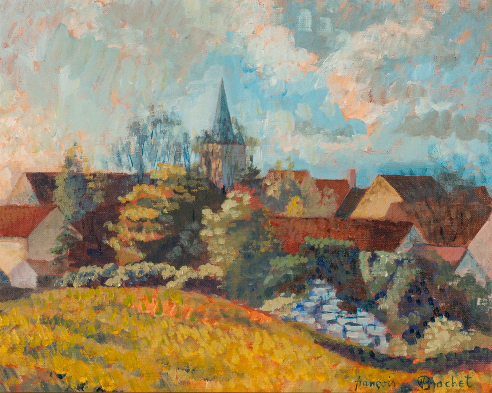 Francois Brochet (1925-2001): Landscape with Town in the Distance: Francois Brochet (1925-2001) Landscape with Town in the Distance oil on canvas signed lower right 12 3/4 x 16 in. (32.4 x 40.6 cm.), Frame: 19 x 22 1/4 in. (48.3 x 56.5 cm.)