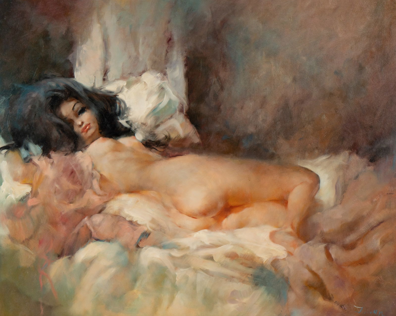 Julian Ritter: Reclining Female Nude: oil on board; signed lower right 16 x 20 in. (40.6 x 50.8 cm.), Frame: 24 x 28 in. (61 x 71.1 cm.)