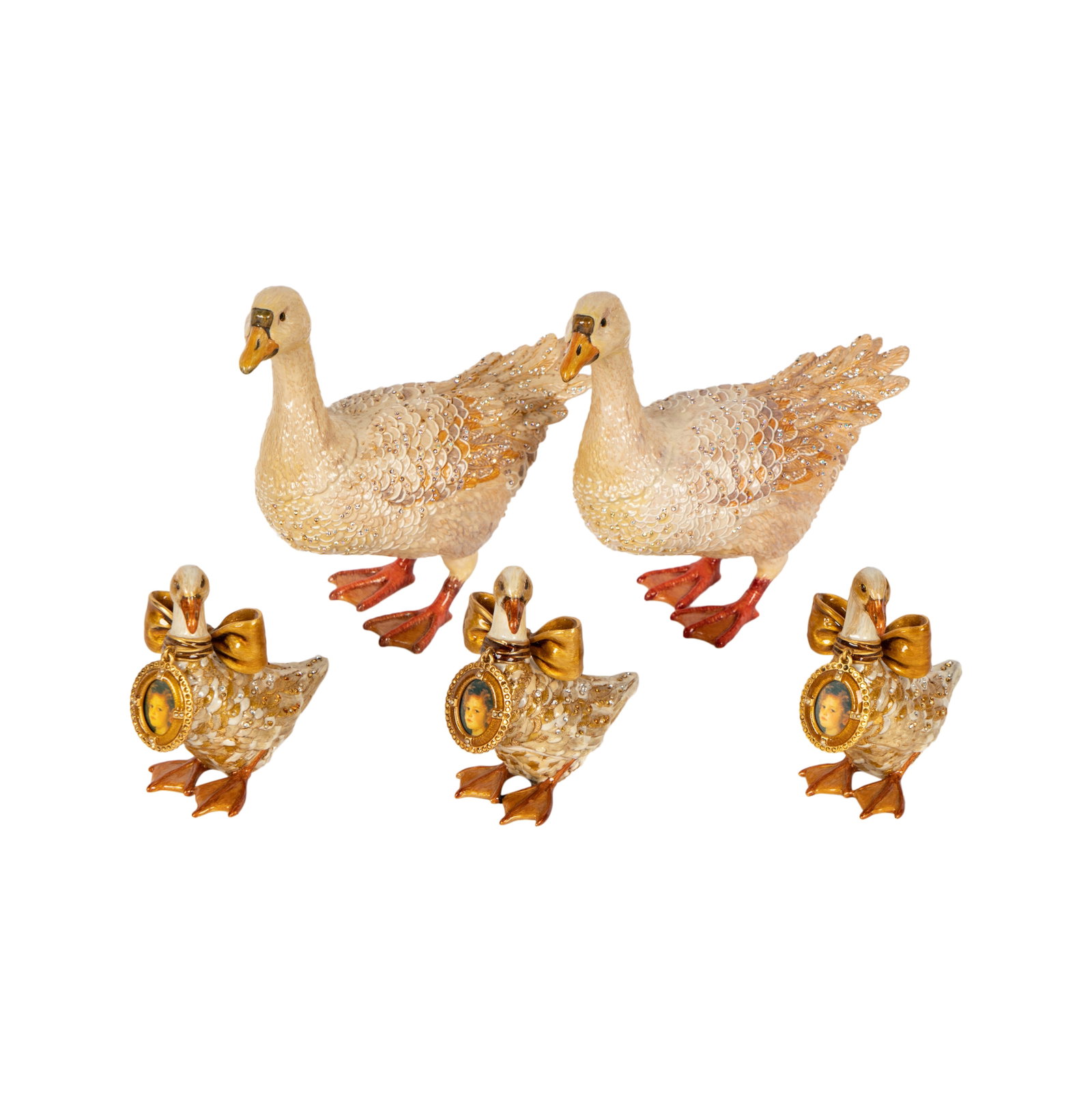 A Group of Jay Strongwater Enamel Geeese: each with label; Two: 6 1/4 in. high, Three: 4 in. high [5 pieces]