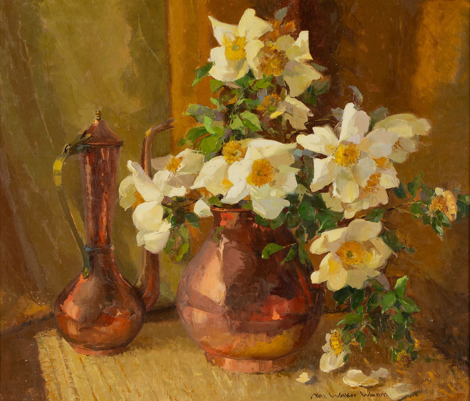 Nell Walker Warner (1891-1970): Still Life with Flowers and Coffee Pot: oil on canvas; signed lower right 21 1/2 x 25 1/2 in. (54.6 x 64.8 cm.), Frame: 27 x 31 in. (68.6 x 78.7 cm.)