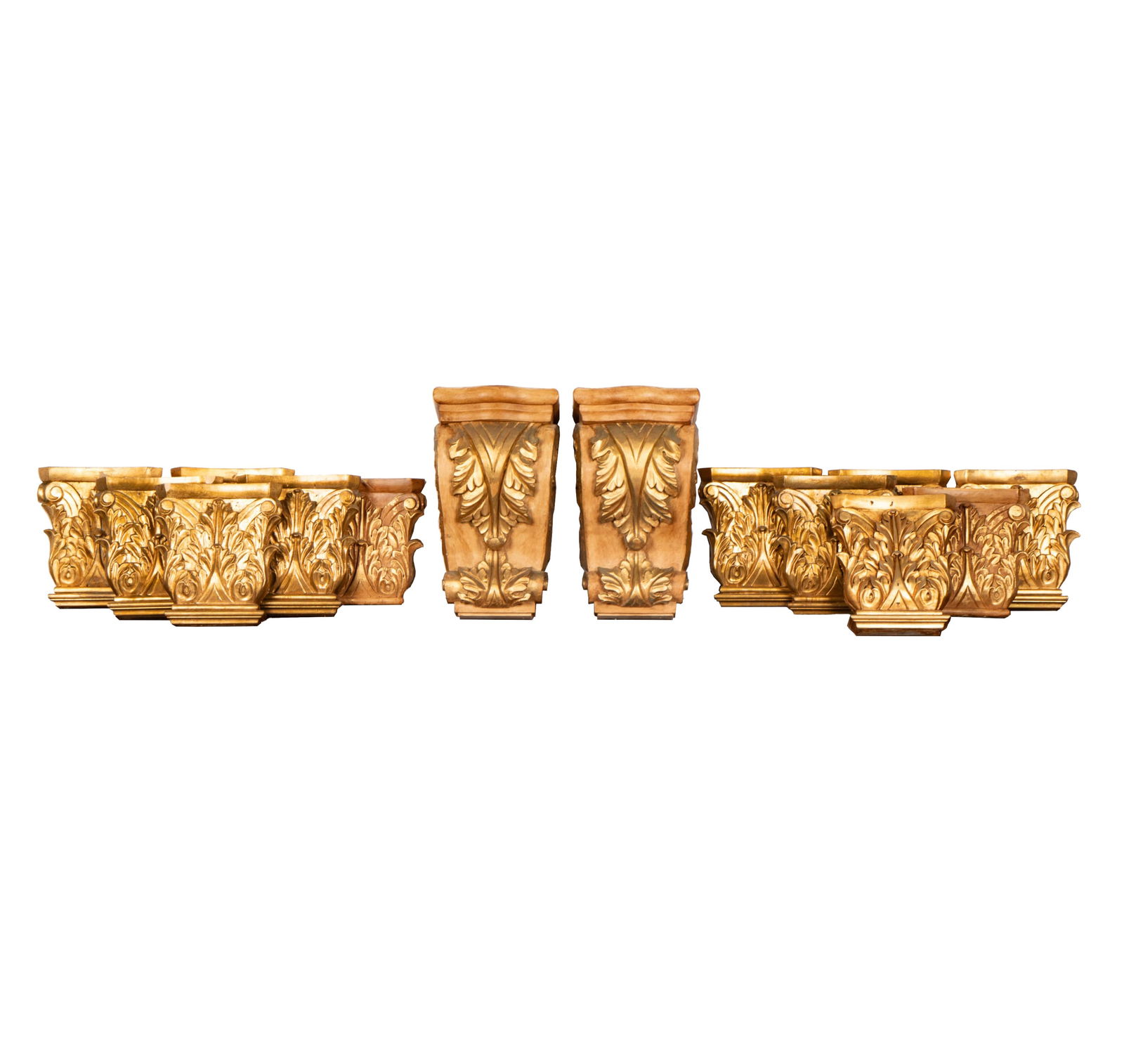 A Group of Giltwood Brackets: late 20th/21st century; each inset with metal hanging hardware; the smaller: 8 3/4 x 7 3/4 x 1 3/4 in.), the larger: 13 3/4 x 7 3/4 x 6 in.) [14 pieces]