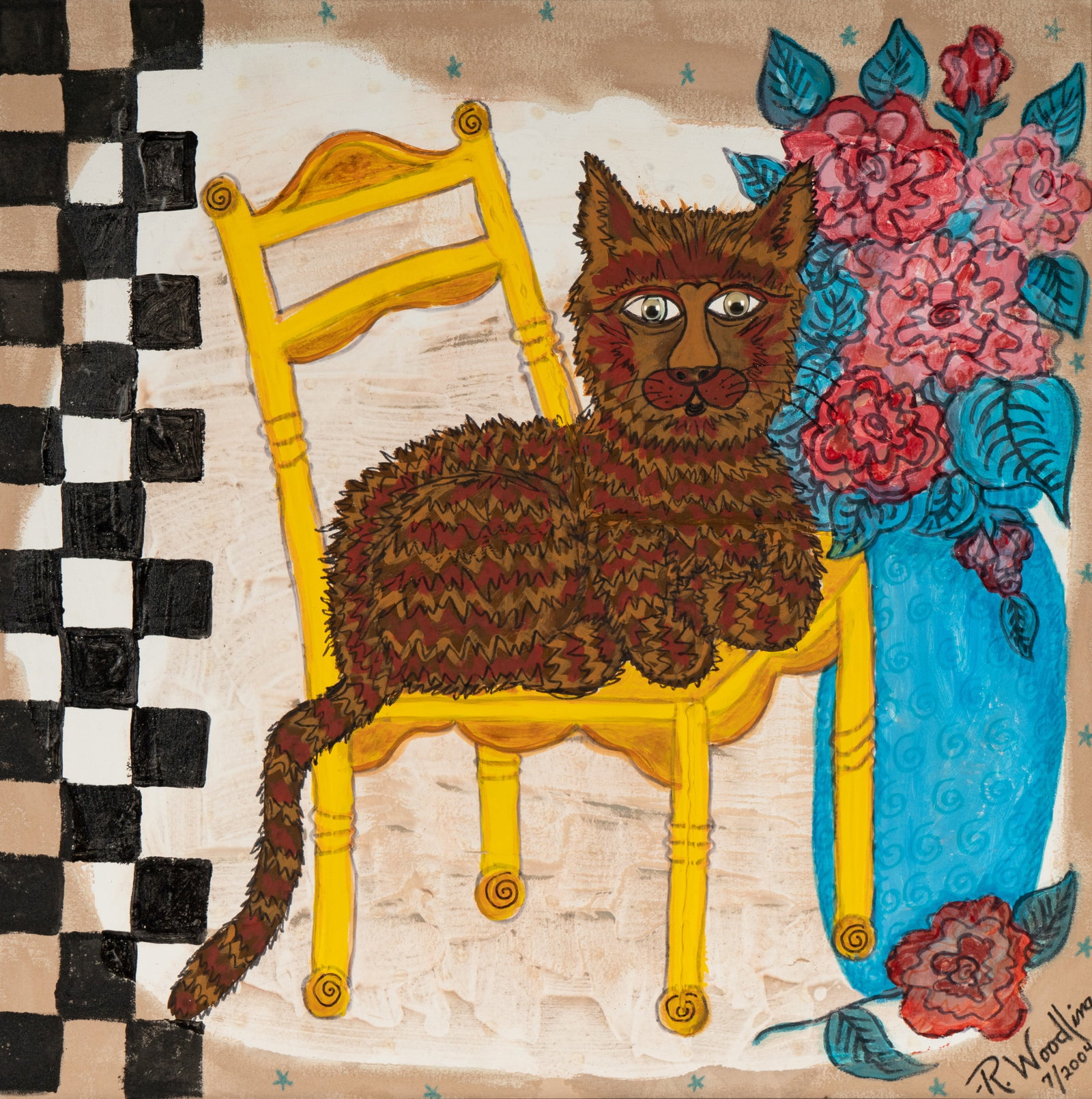 R. Woodling: Cat Sitting in Chair: mixed media on canvas; 2004; signed and dated lower right and verso 32 x 32 in. (81.3 x 81.3 cm.), Frame: 36 1/4 x 36 1/4 in. (92.1 x 92.1 cm.)