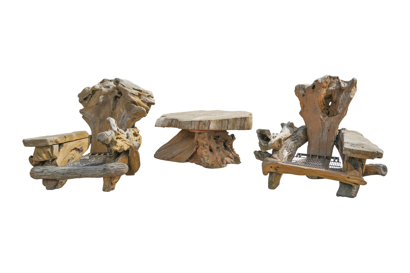 A Pair of Rootwood Chairs and a Table: the chairs (each approximately): 46 x 36 x 38 in., Seat height: 14 in.; table: 20 x 46 x 32 in. Provenance: Property from J. J. Blick's Lukenheimer House, Pasadena, California