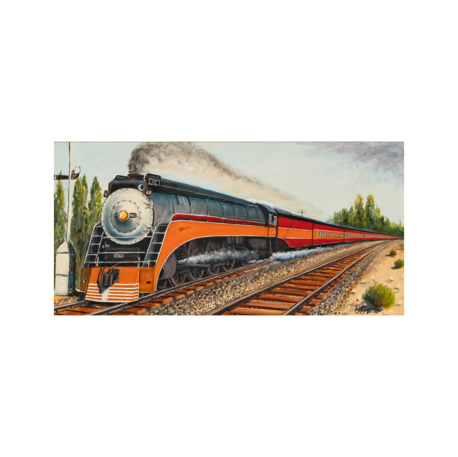 Carl Glen Bray (1917 - 2011): Train: Carl Glen Bray 1917-2011 Train oil on masonite signed lower right 12 x 24 in. (30.5 x 61 cm.), Frame: 18 x 30 in. (45.7 x 76.2 cm.)