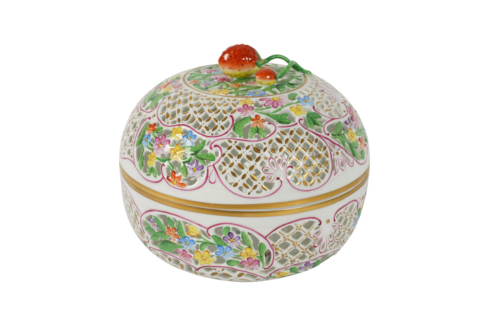 A Herend Porcelain Reticulated Potpourri Bowl: shape no. 6211; with factory marks 6 1/2 x 7 1/2 in. (16.5 x 19.1 cm.)