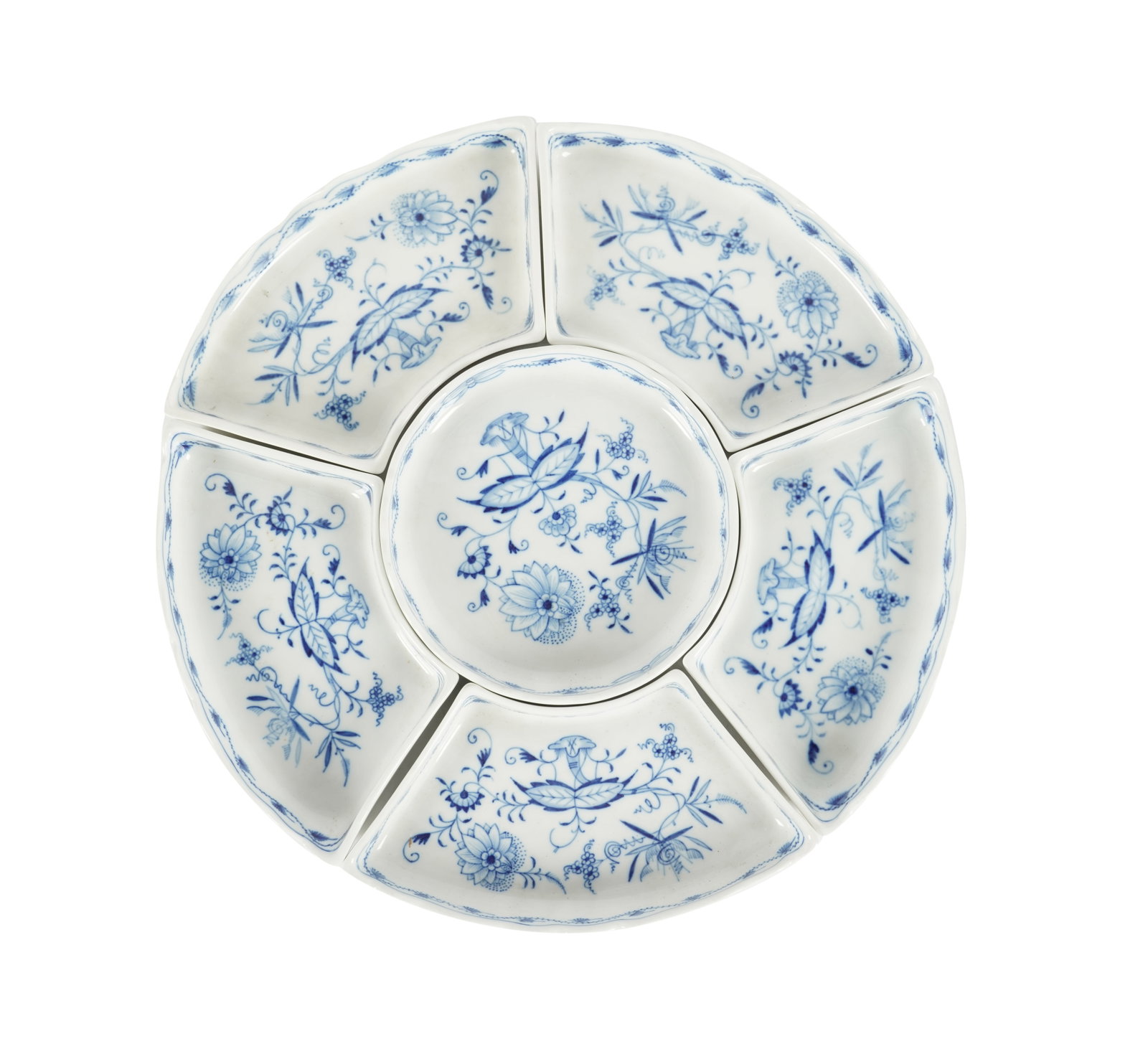 A Meissen Blue Onion Porcelain Tray Set: in six parts; each part with blue crossed swords mark Overall: 16 in. (40.6 cm.) dia.
