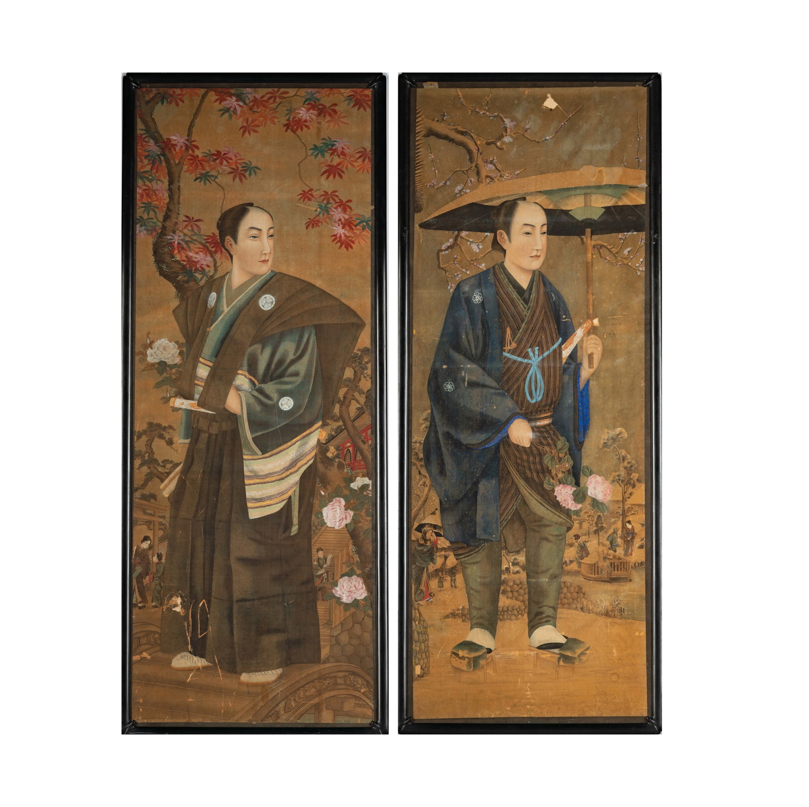 A Pair of Japanese Paintings on Silk: one depicting a man in spring, the other a man in winter Each frame: 59 1/2 x 23 1/2 in. (151.1 x 59.7 cm.)