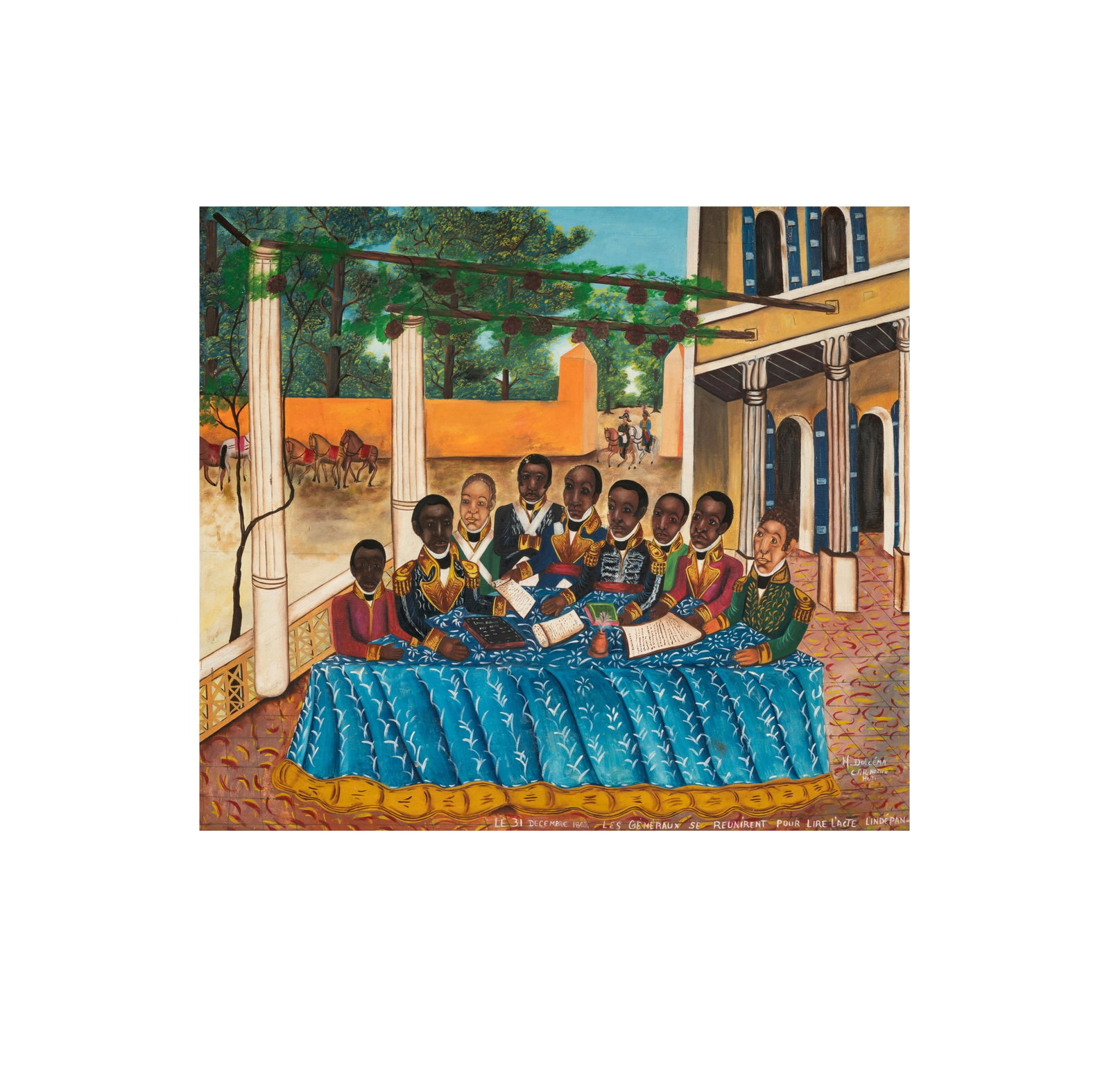 Henri Dolcema (Haitian 1954-2017): The Meeting for Haitian Independence: Henri Dolcema 1954-2017 The Meeting for Haitian Independence, oil on canvas c. 1980;; signed lower right 35 1/2 x 40 in. (90.2 x 101.6 cm.), Frame: 41 x 45 1/4 in. (104.1 x 114.9 cm.)