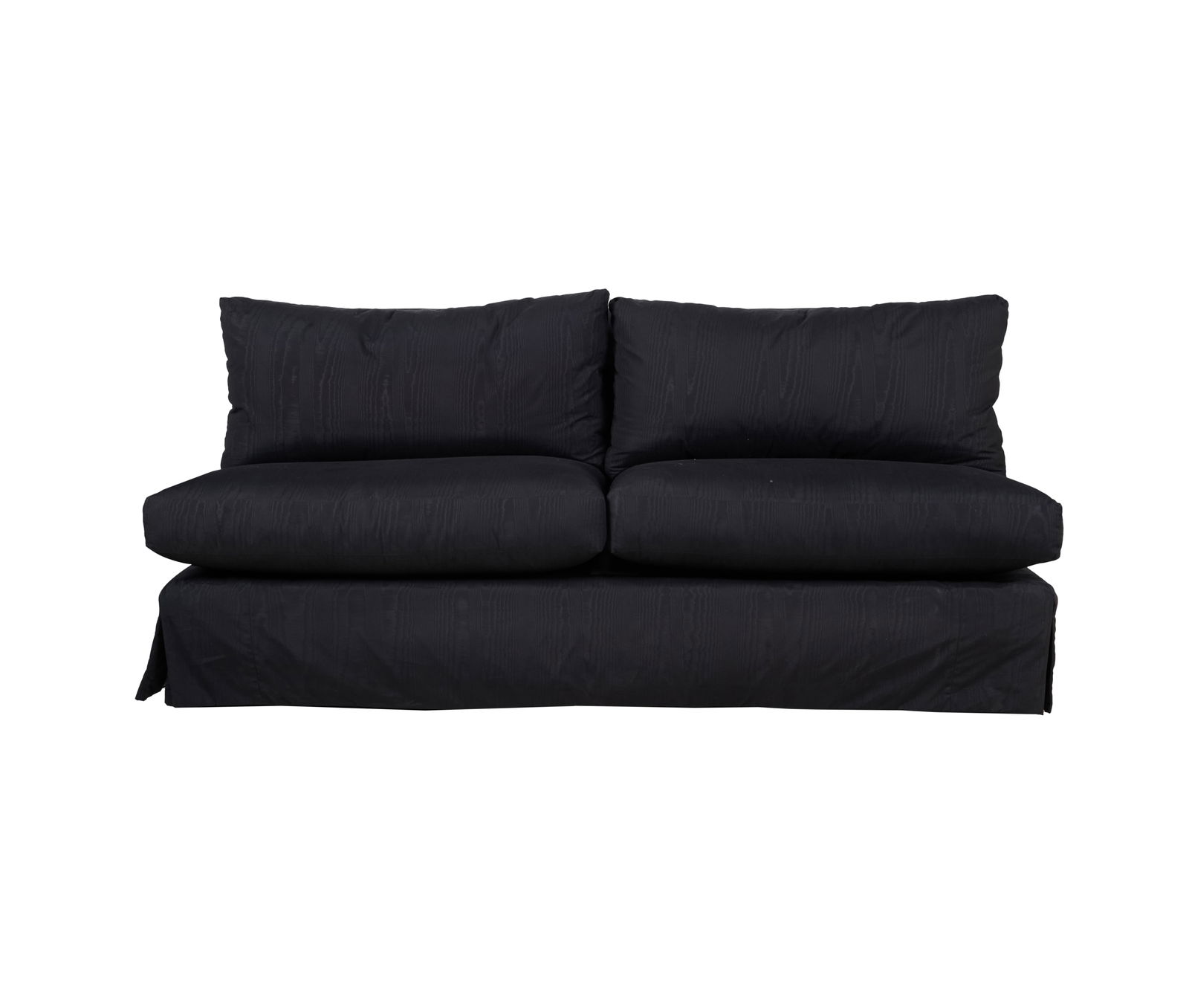 A Loveseat with Black Satin Moire Upholstery: in a custom design 32 x 71 x 37 in. (81.3 x 180.3 x 94 cm.), Seat height: 19 in. (48.3 cm.)