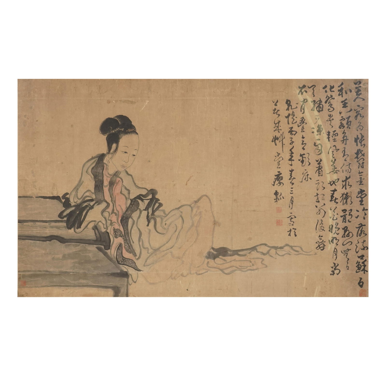 A Chinese Scroll Painting: ink and gouache on paper Image: 32 x 52 1/2 in. (81.3 x 133.4 cm.), Frame: 42 x 56 in. (106.7 x 142.2 cm.) Provenance: The Estate of Marilyn Gilfenbain, Beverly Hills