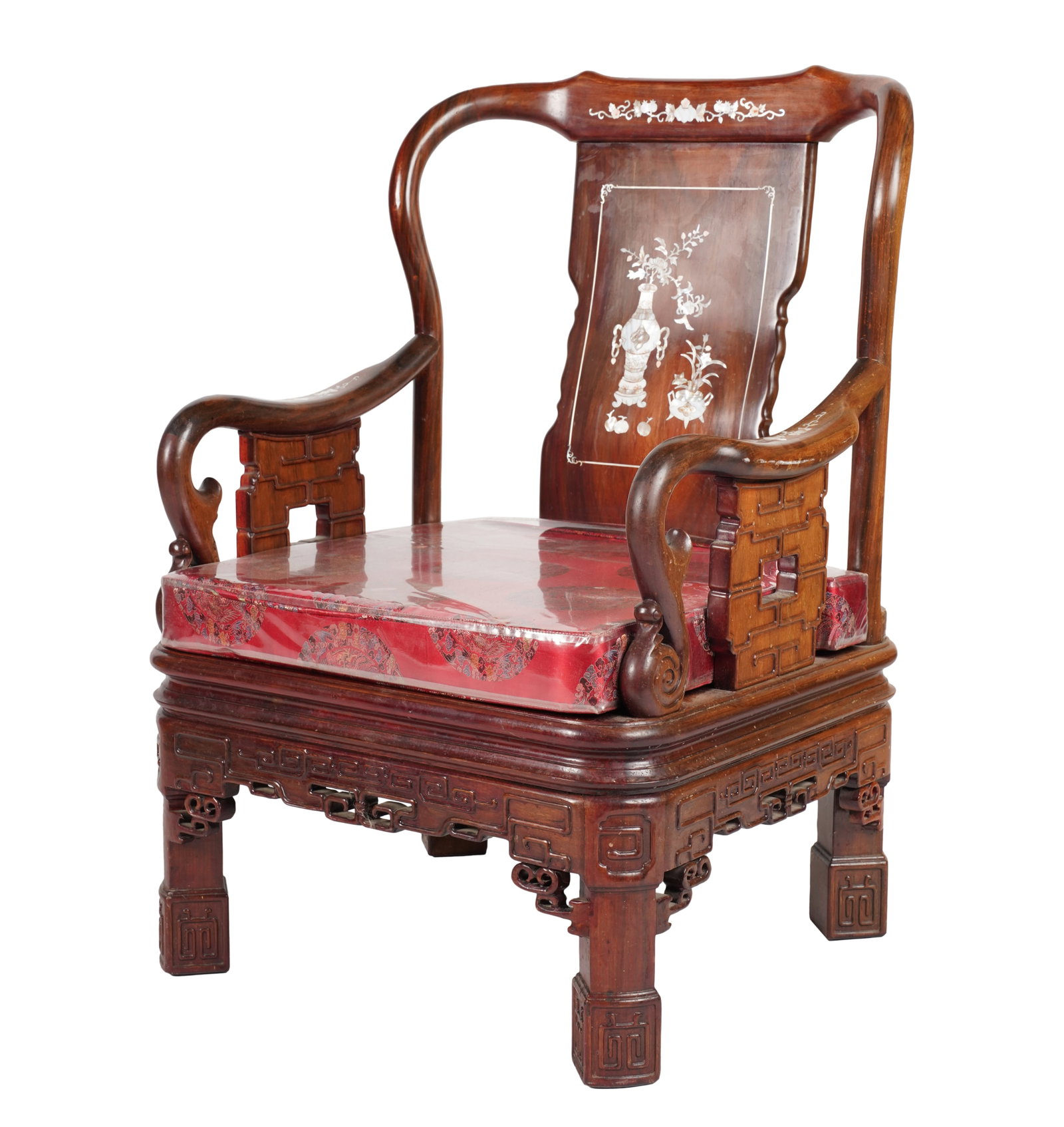 A Chinese Armchair: with mother of pearl and abalone inlay; the cushion removable 37 x 26 x 23 in. (94 x 66 x 58.4 cm.), Seat height: 17 1/2 in. (44.5 cm.)