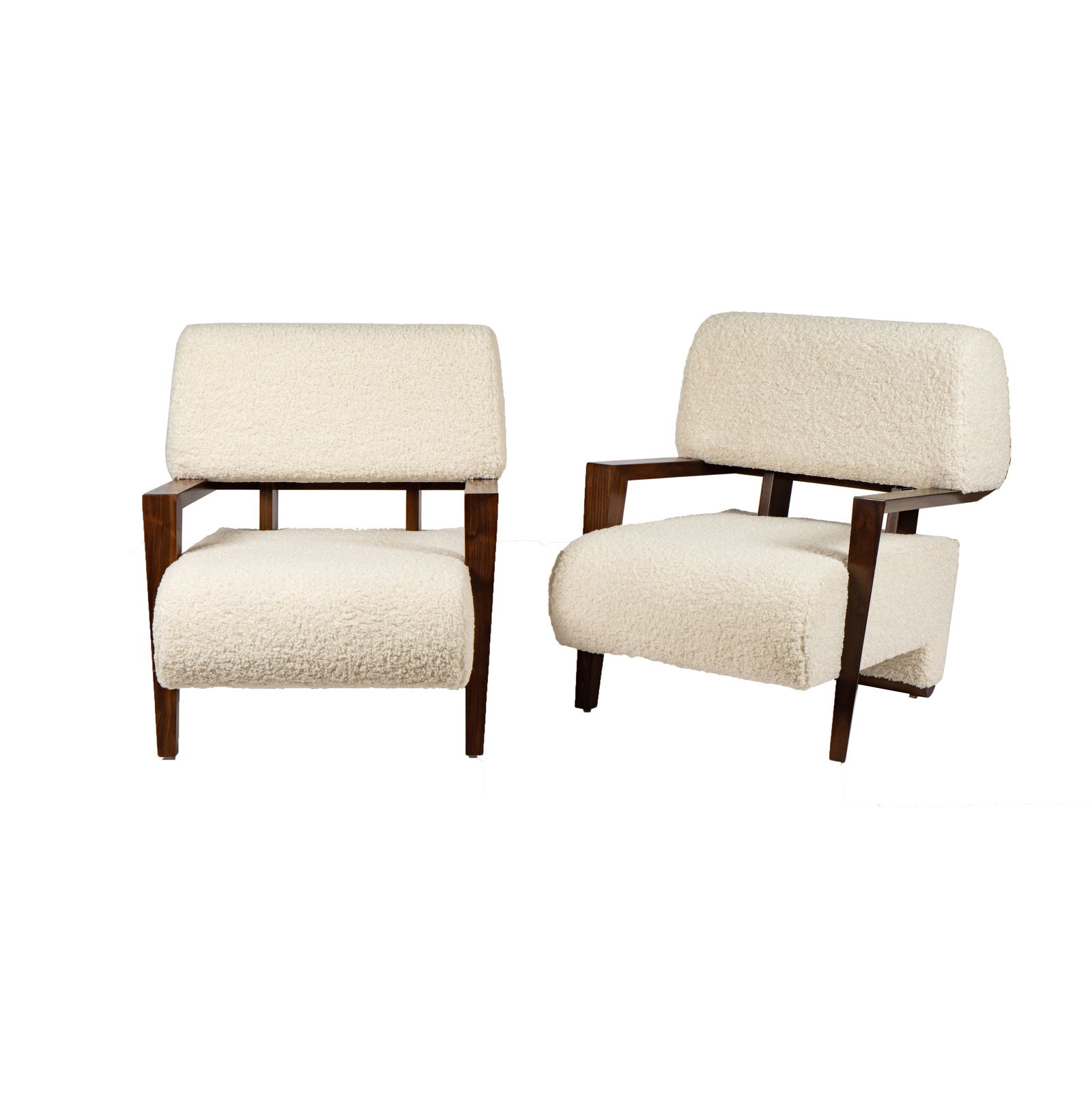 Adesso Imports Studio Line: Pair of Art Deco-Inspired Walnut Armchairs: 20th century; each covered in cream-colored boucle fabric 33 1/2 x 29 1/2 x 30 in. (85.1 x 74.9 x 76.2 cm.), Seat height: 16 in. (40.6 cm.)
