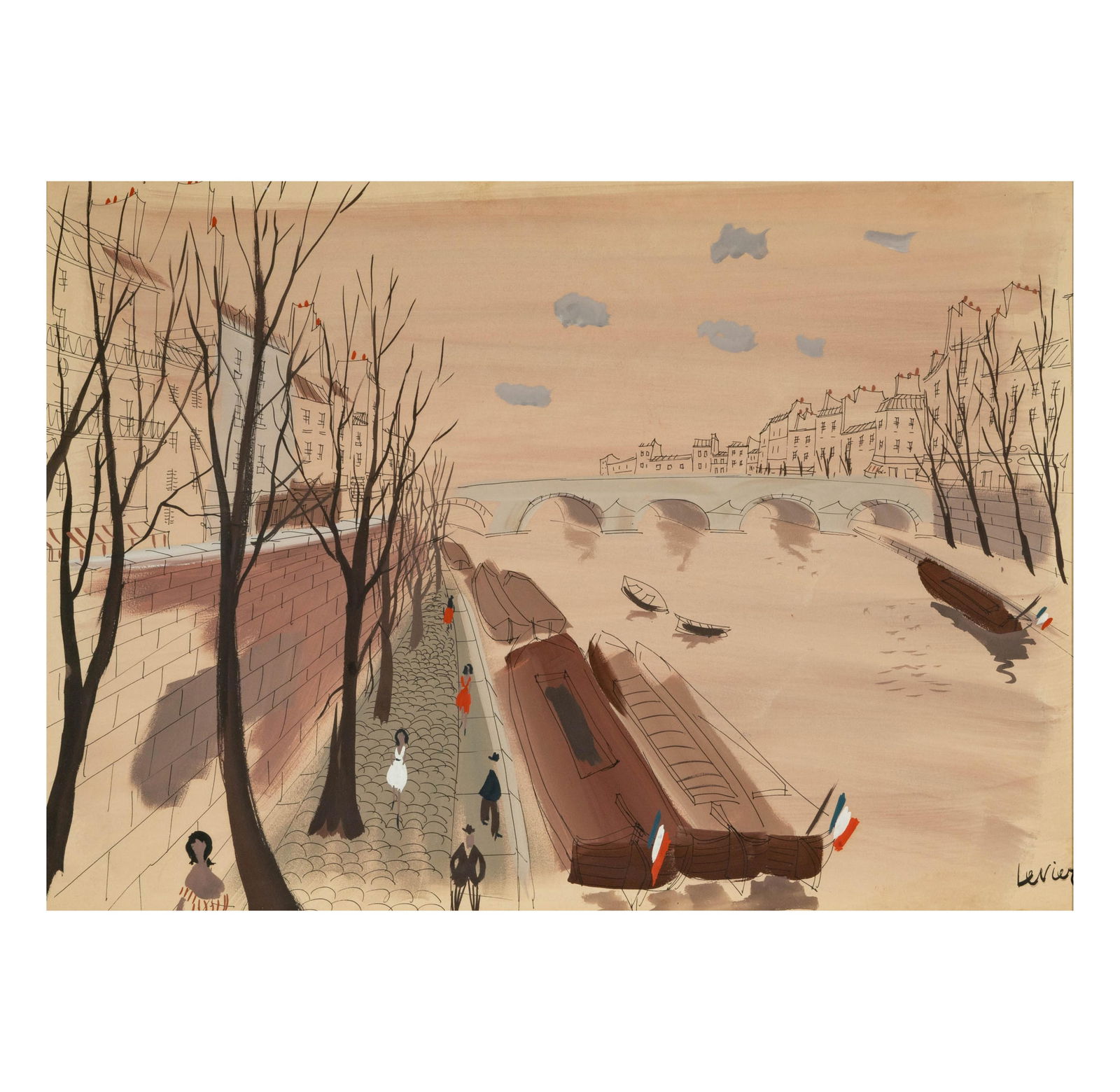 Charles Levier (1920-2003): Quay on the Seine, Paris: Charles Levier French/American 1920-2003 Quay on the Seine, Paris gouache on paper signed lower right Sight: 20 1/4 x 28 1/2 in., Frame: 28 3/4 x 37 in. (73 x 94 cm.)