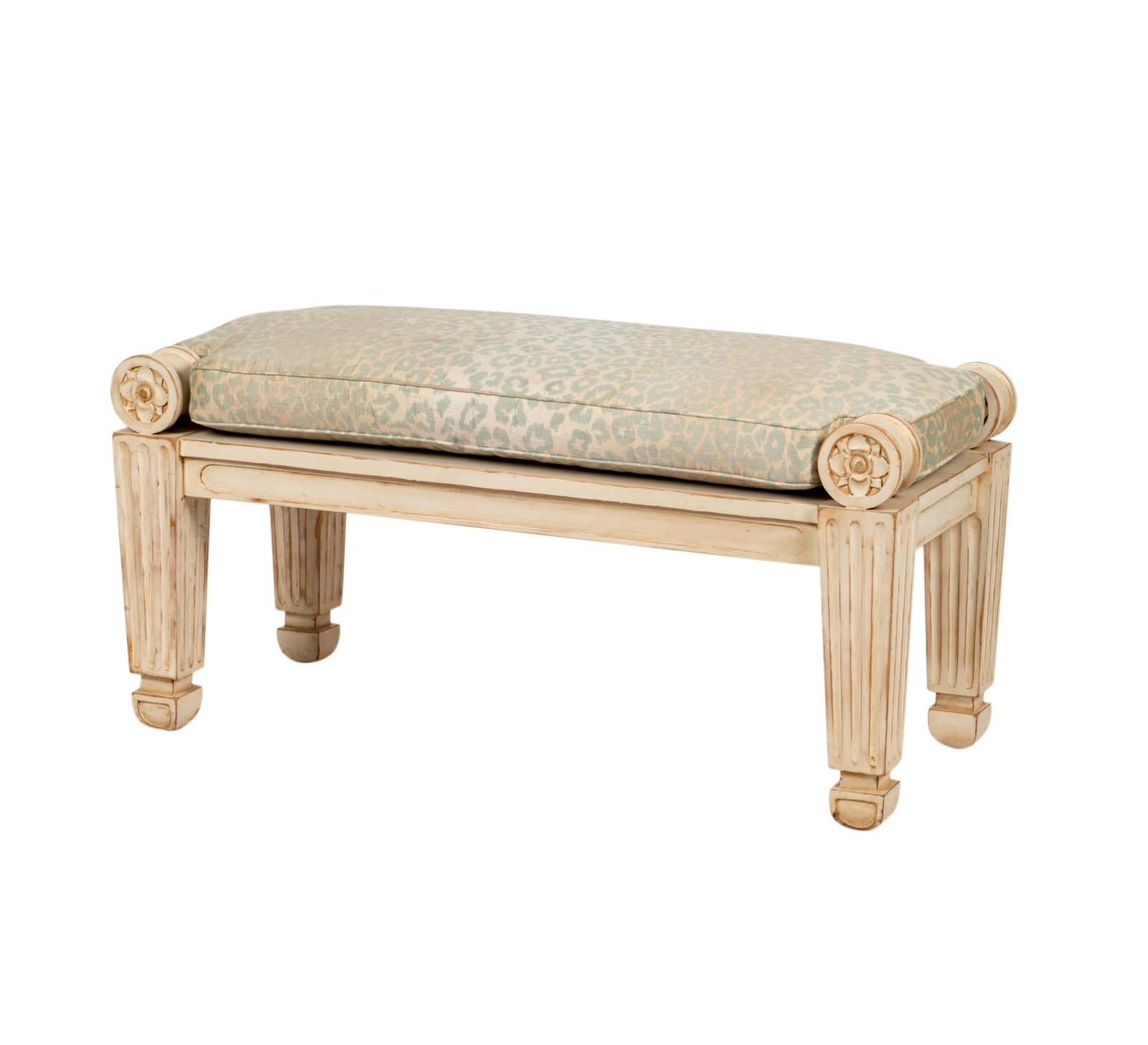 L. Rossi: Neoclassical-Style Painted Bench: 'Roman Senators' model (after those used by senators in the Colosseum); with removable fabric cushion 21 x 43 1/2 x 20 1/2 in. (53.3 x 110.5 x 52.1 cm.) Provenance: with Rossi Antiques and Custom Furn