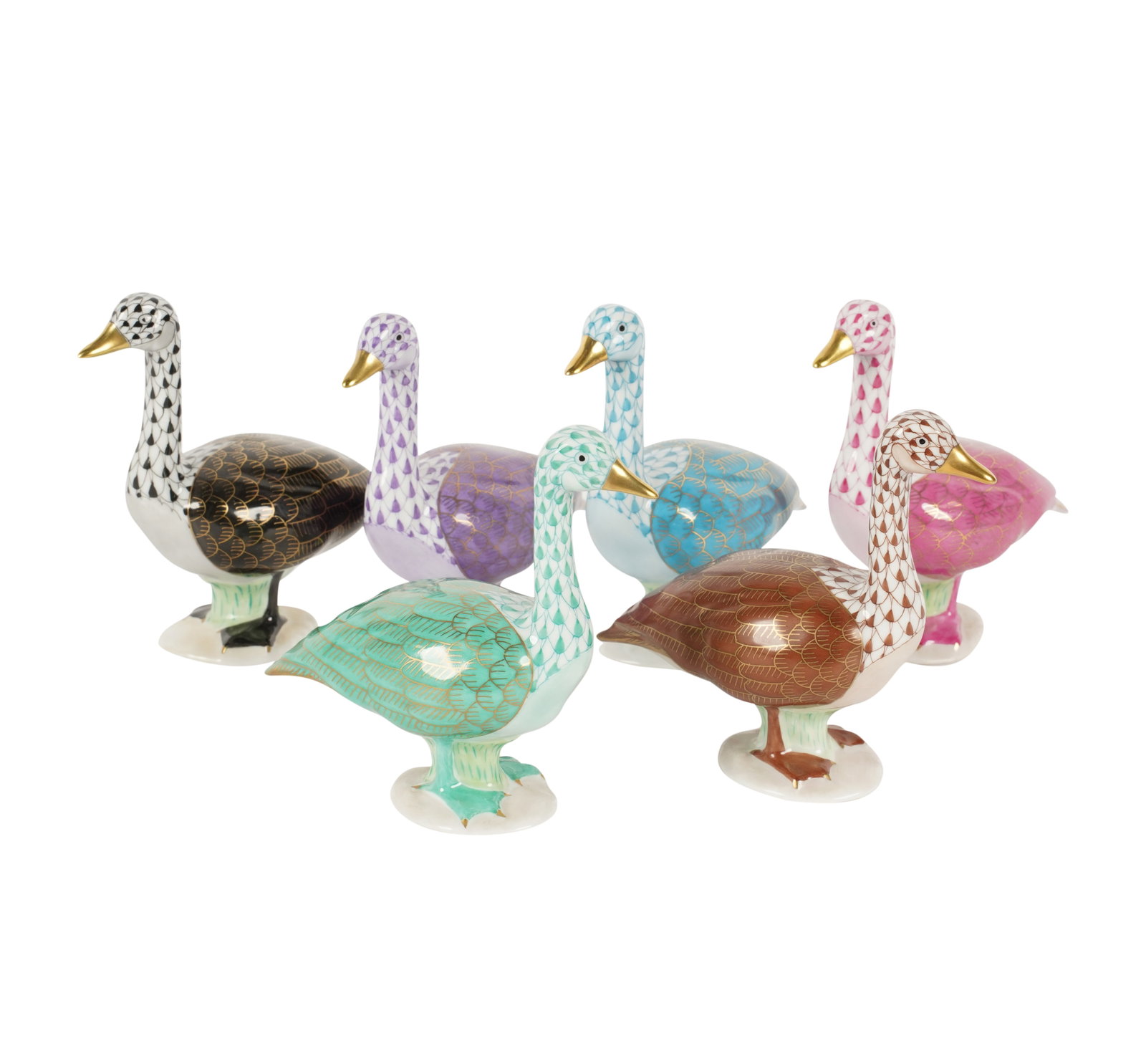 A Group of Herend Fishnet Porcelain Goose Figures: each with factory marks Each: 3 3/4 in. (9.5 cm.) high