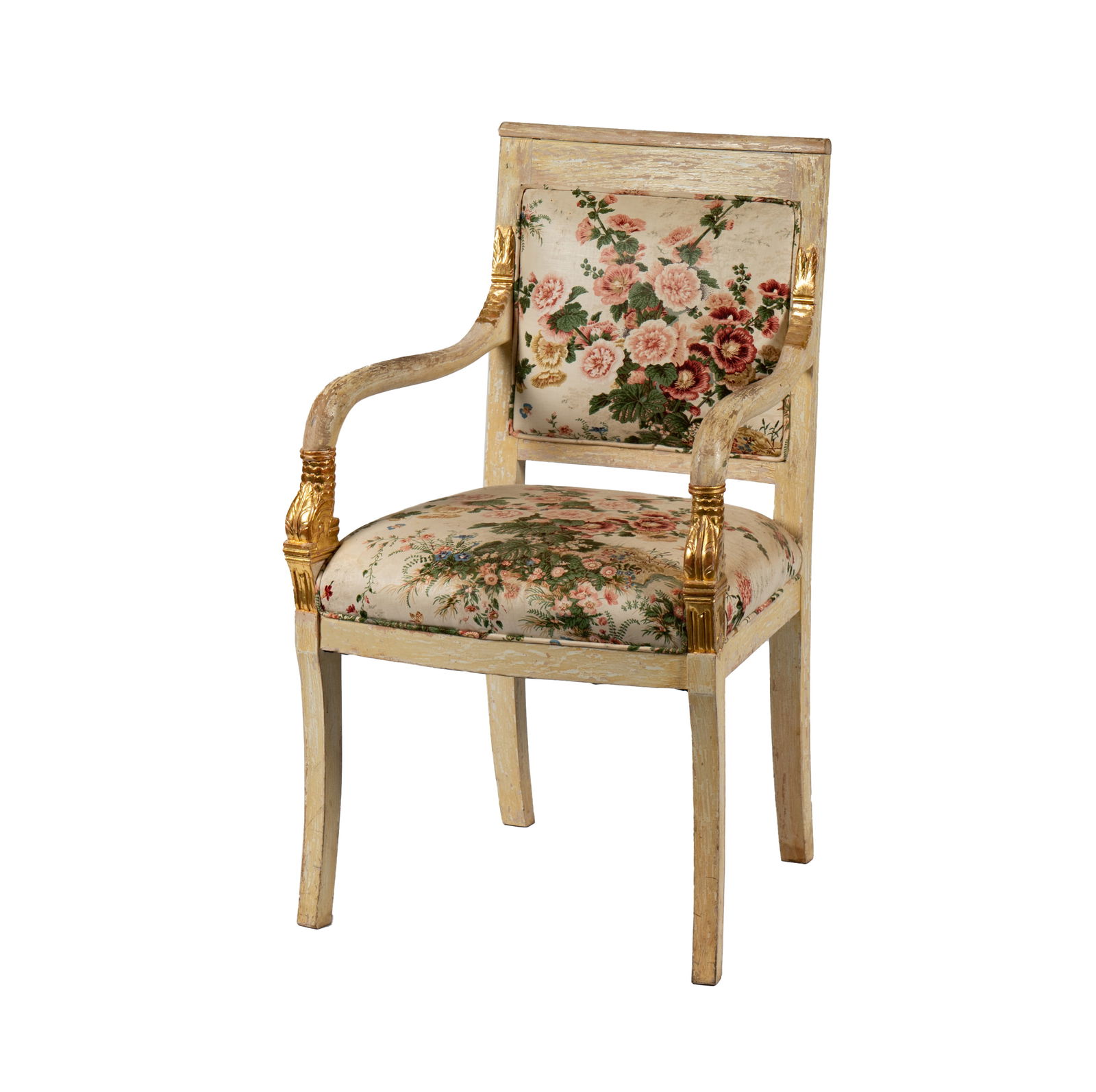 L. Rossi: Empire-Style White-Painted and Parcel Gilt Fauteuil: covered with chintz fabric 38 1/2 x 23 x 20 in. (97.8 x 58.4 x 50.8 cm.), Seat height: 19 in. (48.3 cm.) Provenance: Rossi Antiques and Custom Furniture, San Francisco, California