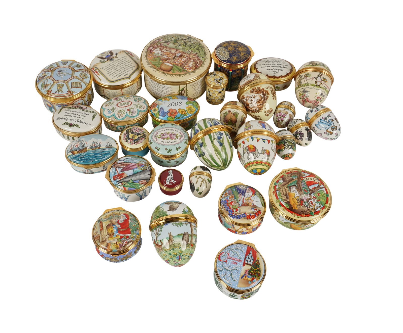 A Group of Halcyon Days Enamel Pill Boxes: five with original cardboard box Ranging from 3/4 in. (1.9 cm.) wide to 3 1/4 in. (8.3 cm.) wide [30 pieces]