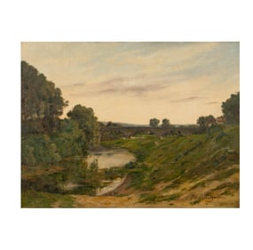 Jacques Marie (19/20th Century): River Landscape with Bridge