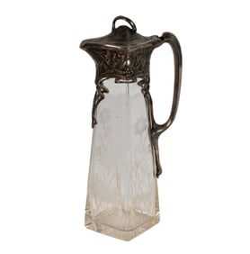An Art Nouveau Metal-Mounted Etched Glass Pitcher