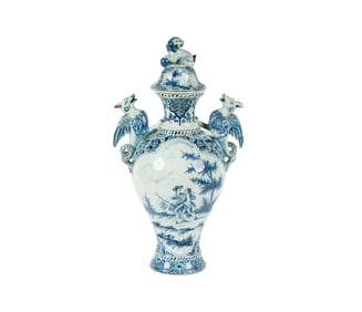 A Delft-Style Blue and White Faience Urn and Cover