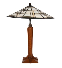 A Stickley Leaded Glass and Oak Table Lamp