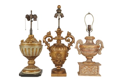 A Group of Minton-Spidell Carved Wood Urn-Form Table Lamps
