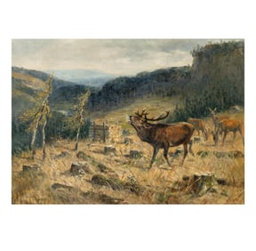 Landscape With Elk Signed Arthur Fitz William Tait