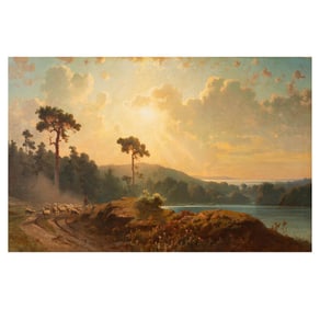 Attributed to Lev Feliksovich Lagorio  (1827 - 1905): Landscape with Shepherd Driving Sheep