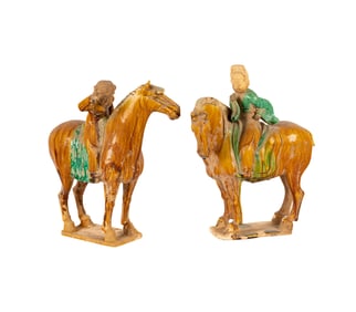 Two Tang-Style Pottery Horse and Rider Figures