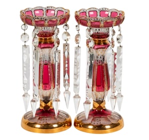 A Pair of Moser-Style Cranberry and Clear Overlay Cut Glass Lusters