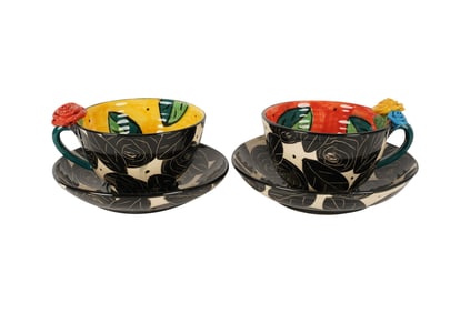 Two Mary Rose Young Art Pottery Oversize Cups and Saucers