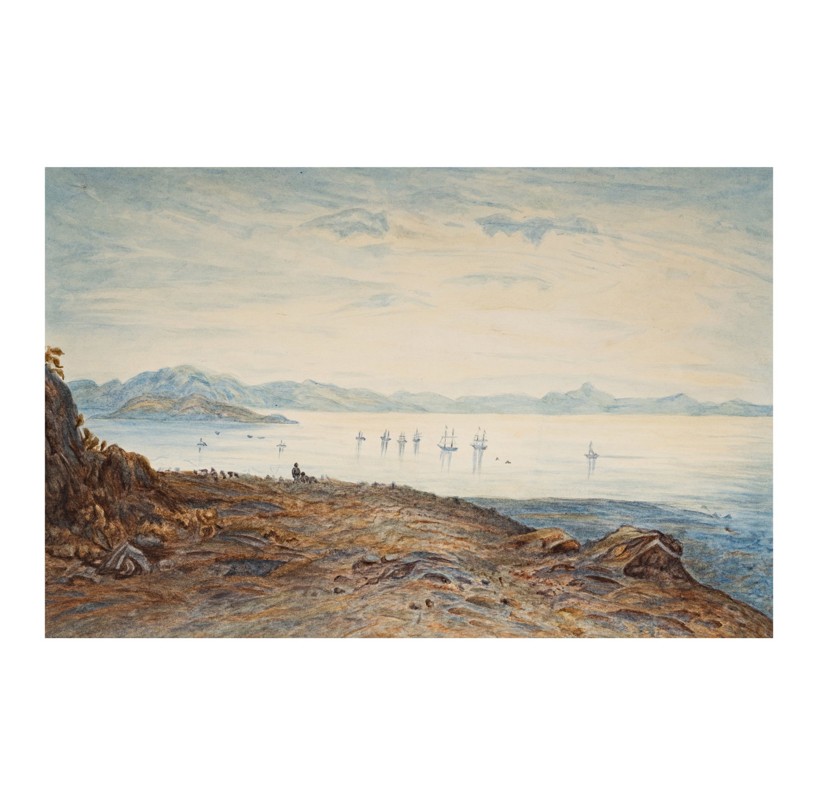 Unknown Artist: Coastal with Boats in the DIstance: watercolor on paper, laid to paper; unsigned 9 1/2 x 14 3/4 in. (24.1 x 37.5 cm.), Mat: 15 3/4 x 20 3/4 in. (40 x 52.7 cm.)
