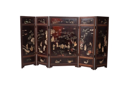 A Chinese Five-Panel Wood and Carved Stone Screen