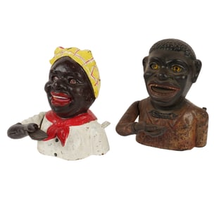 Two Black Americana Cast Iron Mechanical Coin Banks