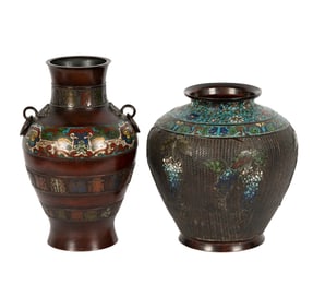 Two Chinese Champleve Enamel and Bronze Urns