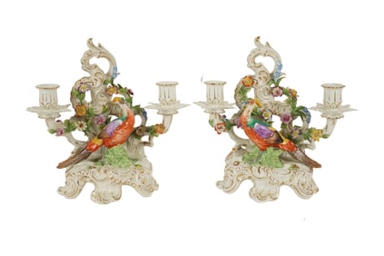 A Pair of Dresden Porcelain Twin-Light Candelabra