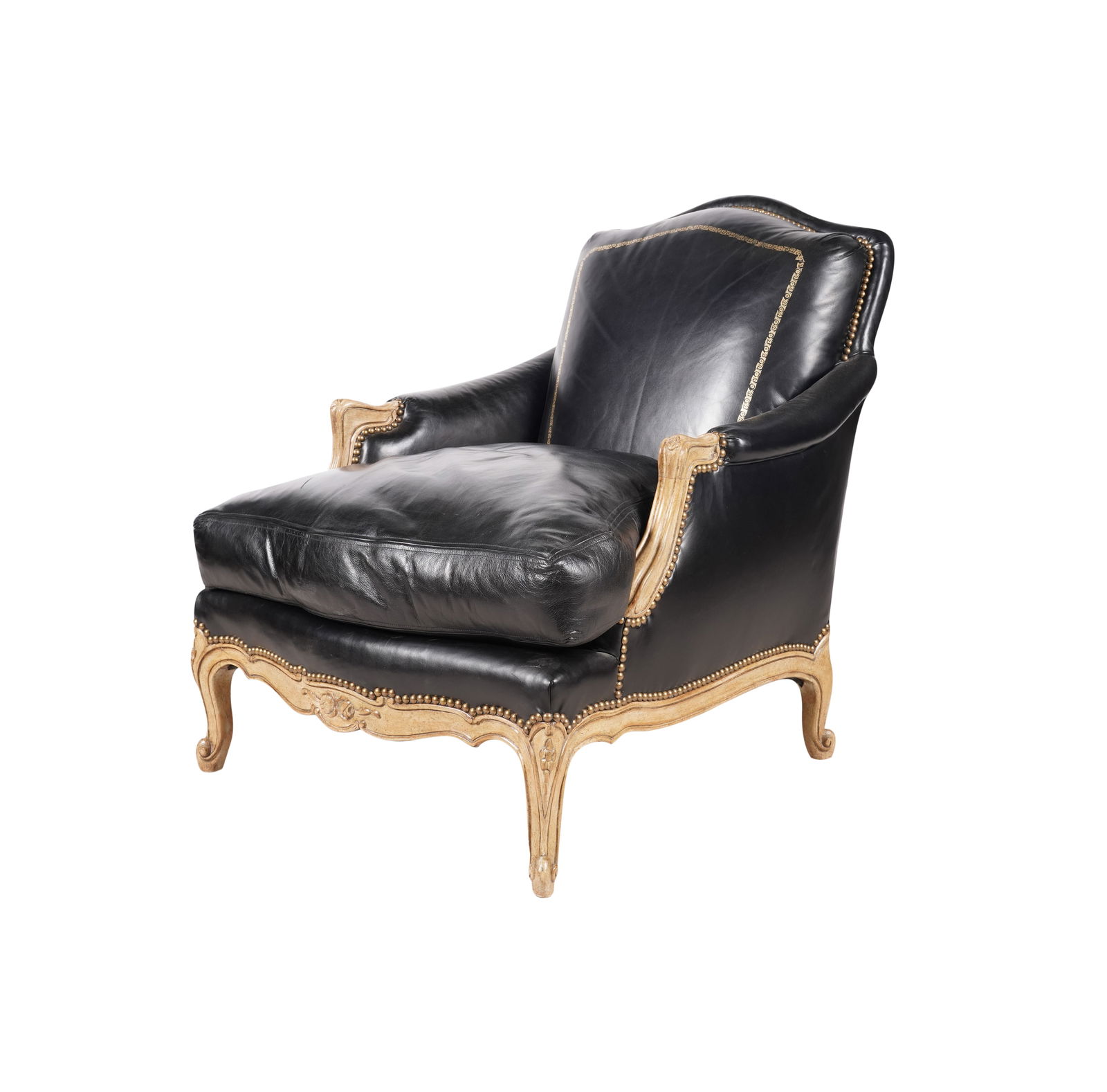 A Minton-Spidell Louis XV-Style Bergere: covered with black leather, with gilt border to backrest 34 x 29 x 31 in. (86.4 x 73.7 x 78.7 cm.), Seat height: 16 1/2 in. (41.9 cm.)