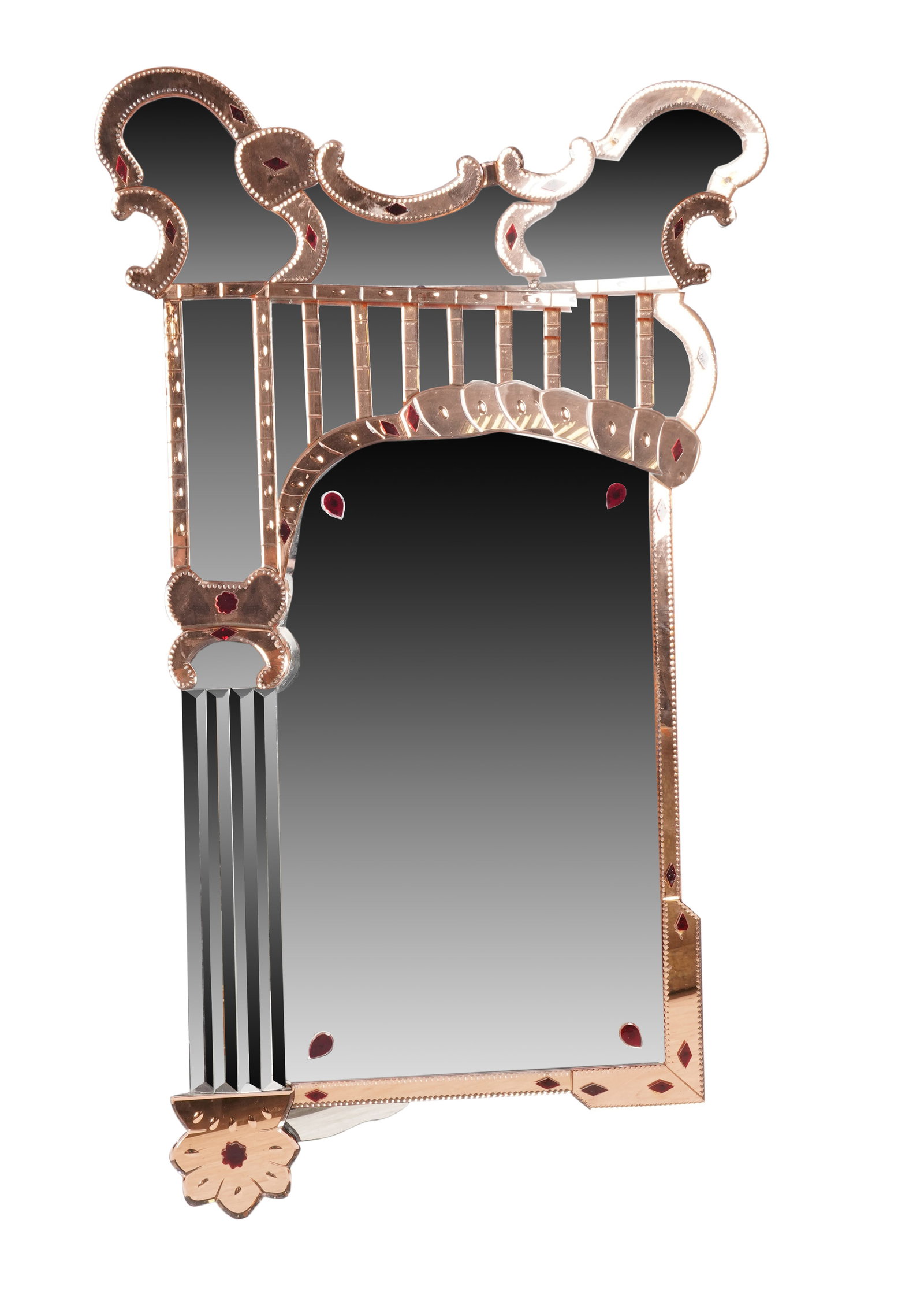 A Venetian-Style Glass Wall Mirror: the copper-tinted marginal plates with red glass accents 57 x 34 in. (144.8 x 86.4 cm.)