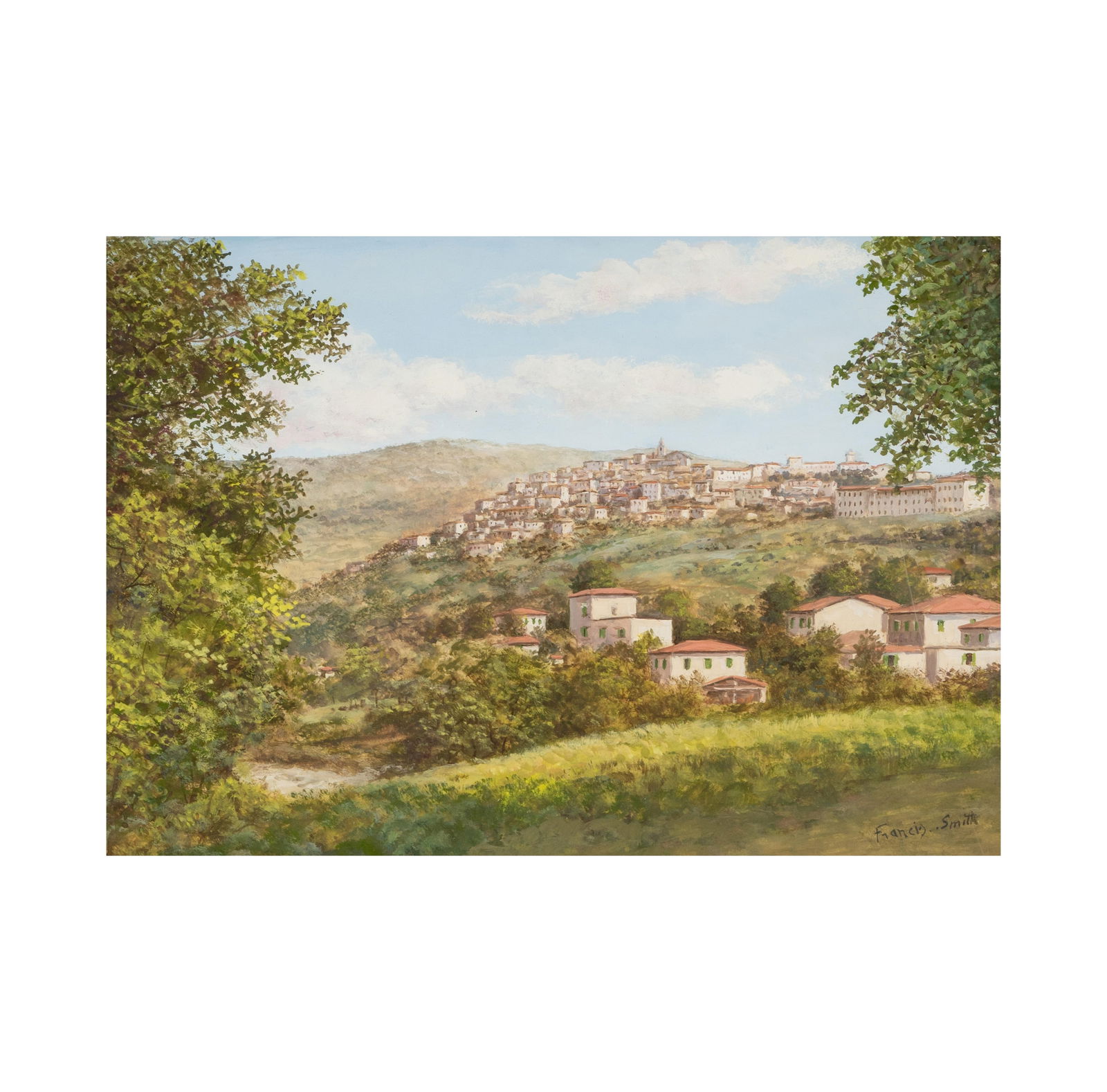 Francis Smith: View of a Hill Town: watercolor and gouache on paper; signed "Francis Smith" lower right Sight: 10 1/2 x 15 in. (26.7 x 38.1 cm.), Frame: 20 x 25 in. (50.8 x 63.5 cm.)