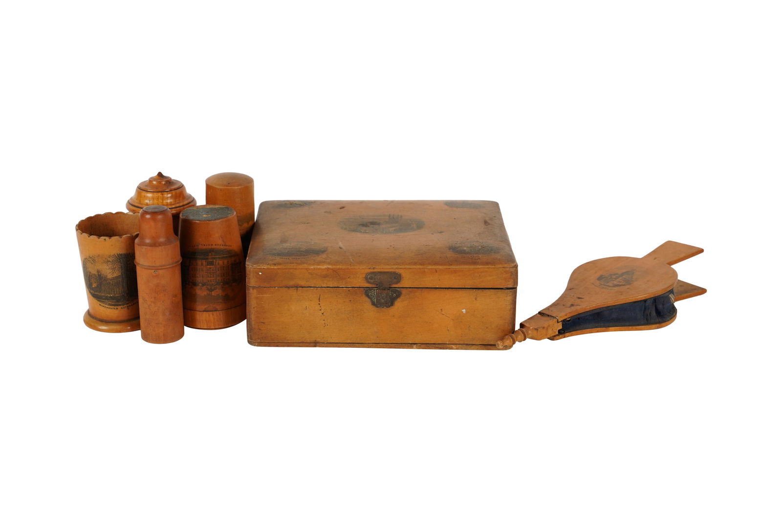A Group of Treen Souvenirs: comprising a hinged box (6 3/4 x 5 1/4 x 6 3/4 in.), a bellows (7 in, wide), three cylindrical boxes or needle holders (Each approximately 3 in. high), and a cup (2 1/2 in. high); each decorated in bl
