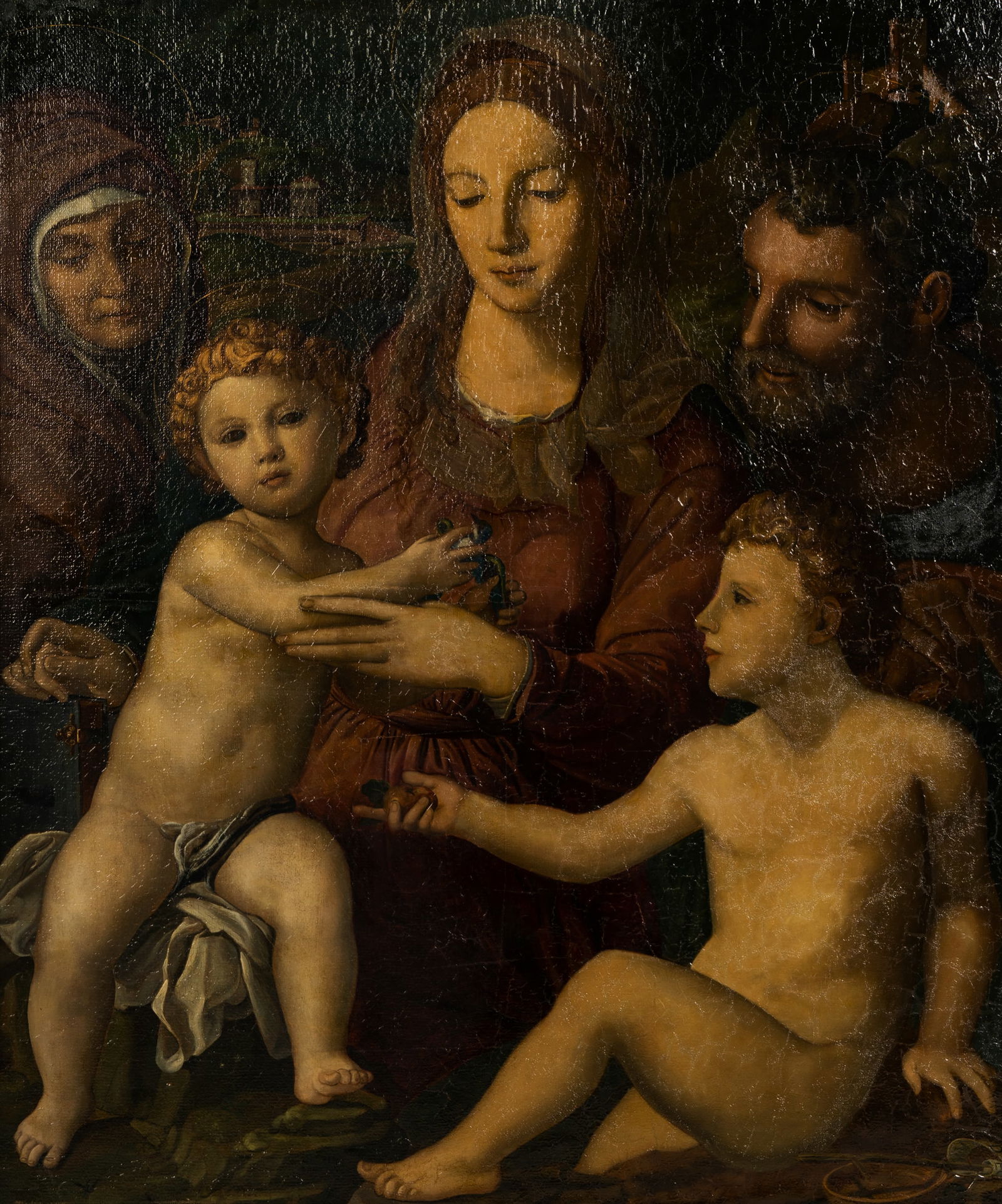 After Agnolo Bronzino: Holy Family with St. Anne and Infant St John: oil on canvas laid to board; inscribed "Brozino Fioretino" lower center 47 1/2 x 39 1/2 in. (120.7 x 100.3 cm.), Frame: 53 1/2 x 45 1/2 in. (135.9 x 115.6 cm.) Provenance: The Walter and Donna Conn Es