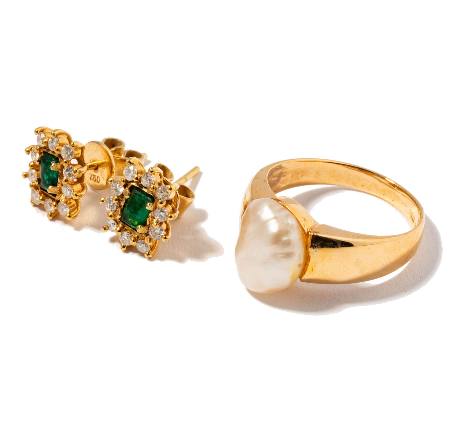Yellow Gold Pearl Ring with Diamond Earrings (1 of 10)