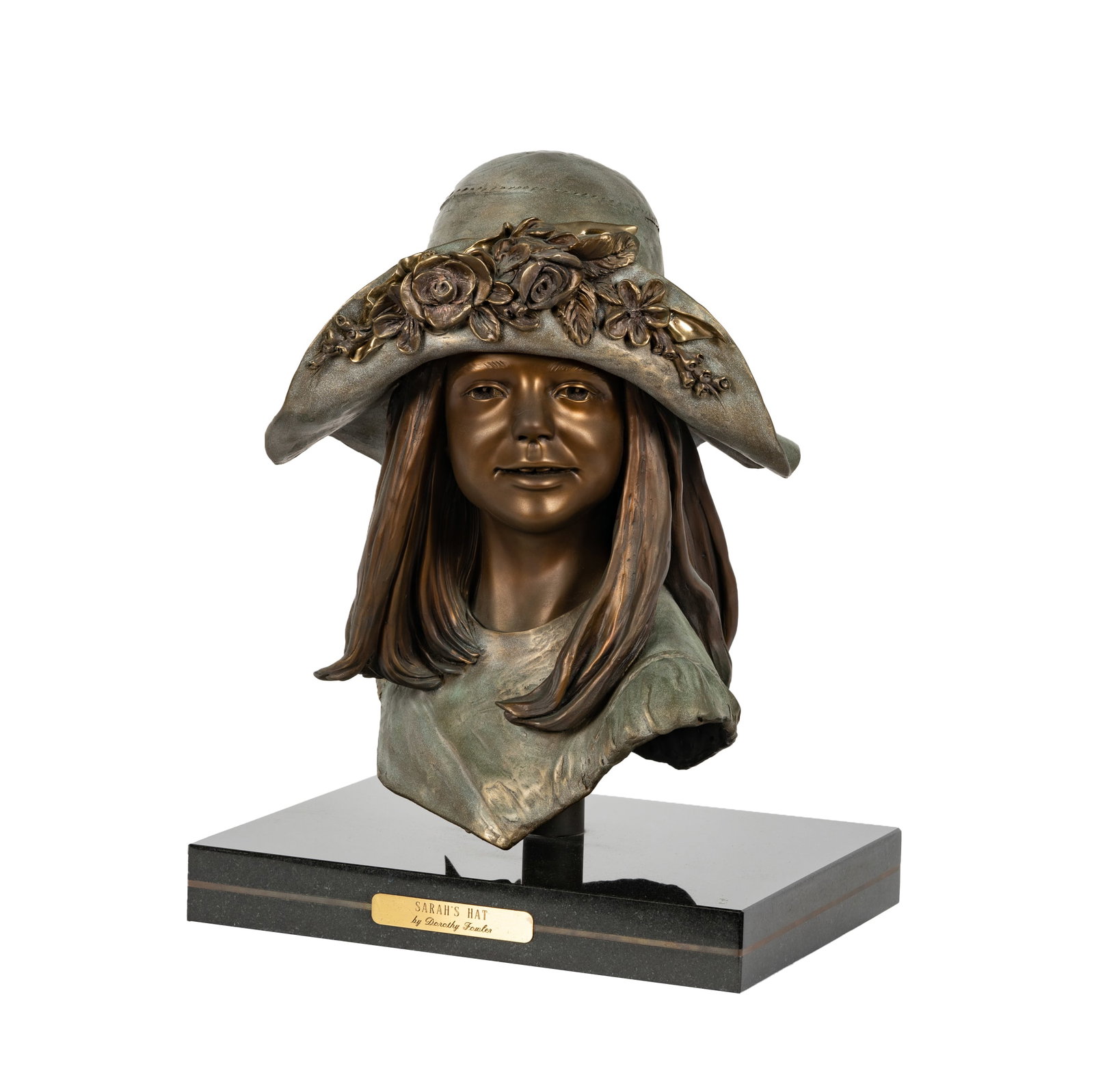 Dorothy Fowler (20th/21st century): Sarah's Hat: Dorothy Fowler 20th/21st century Sarah's Hat bronze, mounted to plinth 1993; ed. 4/25; signed, dated, numbered, and with Valley Bronze, Oregon foundry mark in casting, and titled to plaque Bronze: 14 