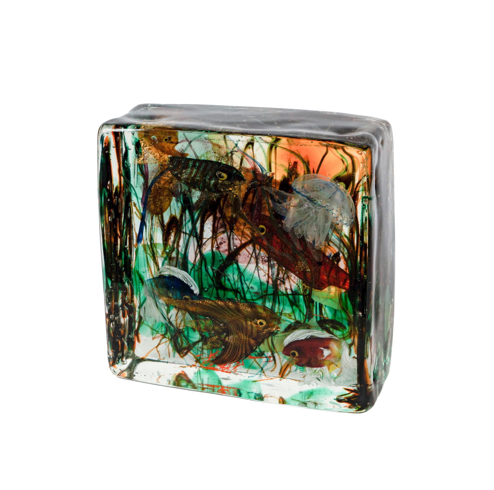 Cenedese Murano Italy Art Glass Aquarium Fish Tank: retained original Cendese Murano paper label; 9 x 9 x 3 1/2 in. (22.9 x 22.9 x 8.9 cm.); Condition: Chip break to bottom back corner of glass about 1 3/4 inches long