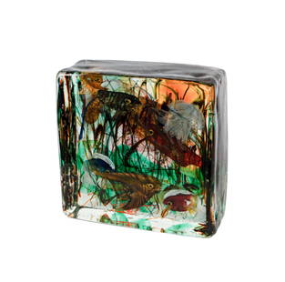 Cenedese Murano Italy Art Glass Aquarium Fish Tank: retained original Cendese Murano paper label; 9 x 9 x 3 1/2 in. (22.9 x 22.9 x 8.9 cm.); Condition: Chip break to bottom back corner of glass about 1 3/4 inches long
