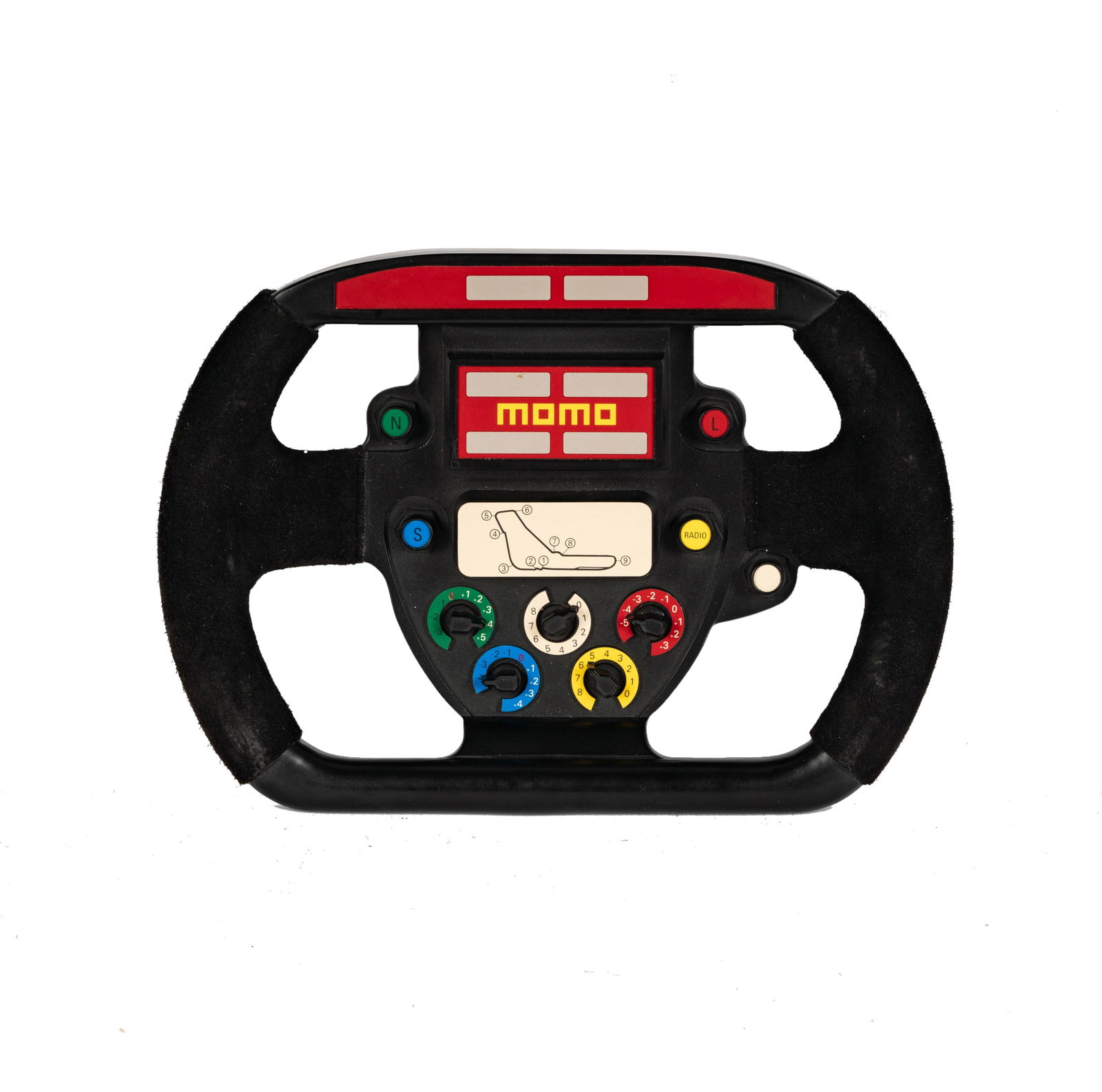 Full Sized Ferrari MOMO F1 Official Factory Steering Wheel: alcantara sides, fixed buttons 8 1/4 x 11 3/4 x 1 1/2 in. (21 x 29.8 x 3.8 cm.)