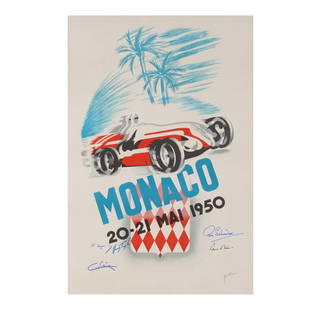 Signed 1950 Monaco Grand Prix Poster: with signatures from Roberto Mieres (Argentina), Roy Salvadori (Great Britain), Paul Frere (Belgium), Karl Wendlinger (Austria), and Henry Taylor (Great Britain) Sight: 38 x 25 in. (96.5 x 63.5 cm.),