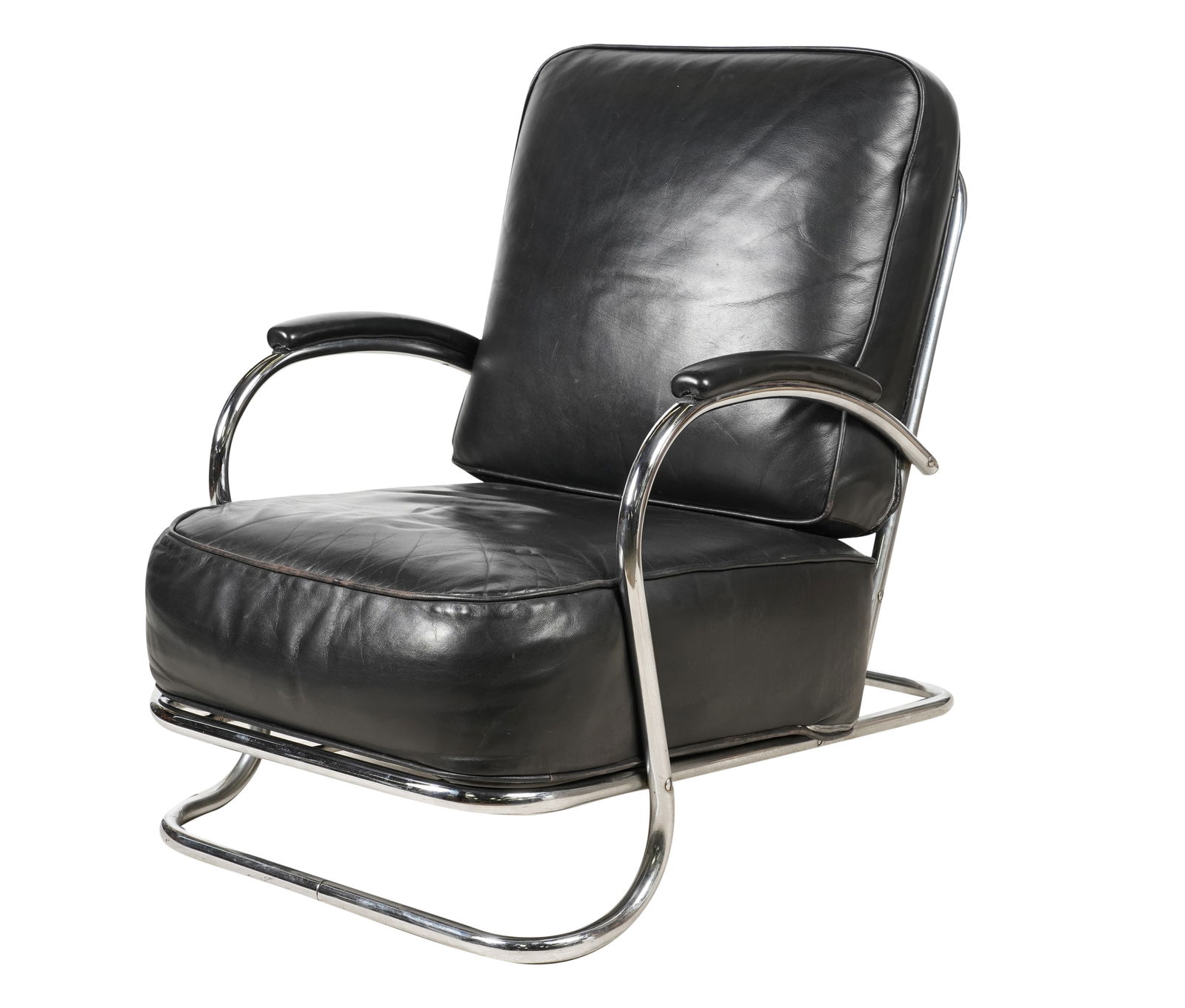 KEM Weber Lloyd Chromed Lounge Chair: tubular steel with black leather, unmarked 32 1/2 x 25 x 37 in. (82.6 x 63.5 x 94 cm.), Seat Height: 15 in. (38.1 cm.)